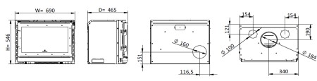Dimensões do Recuperador de Calor Classic E701 com porta de vidro do Fabricante Fogo Montanha
