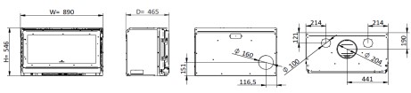 Dimensões do recuperador de calor Classic E901, ventilado da Fogo Montanha