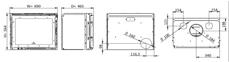 Dimensões do insert a lenha não ventilado, Mod E709 da Fogo Montanha