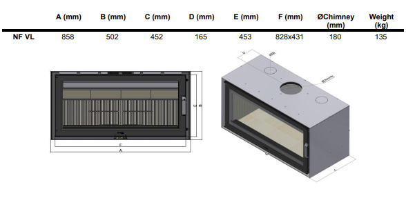 Dimensões do Insert recuperador de calor Nordfire mod. VL Esquerda