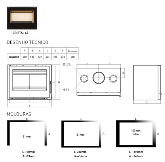 Dimensões do recuperador de calor a lenha Cristal 69 da C&A Chama