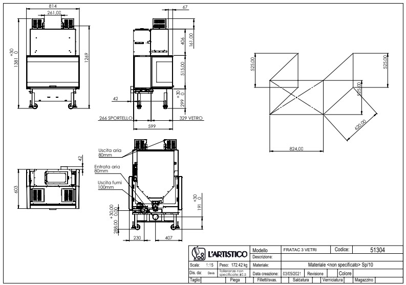 Dimensões da Fratac V M16 lareira / insert a Pellets da marca L'Artistico