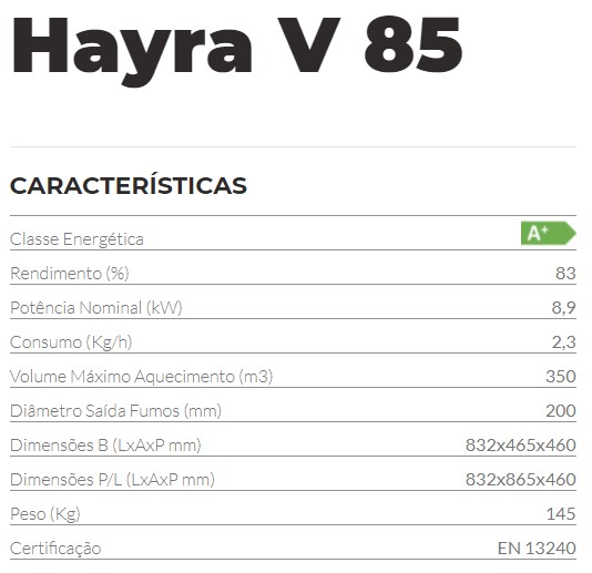 Caraterísticas da salamandra a lenha Hayra V 85 da ADF